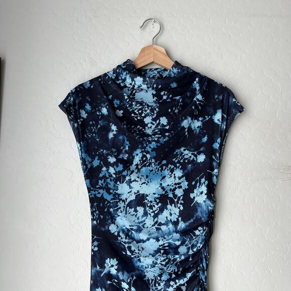 Anthropologie Maya Blue Floral Print Ruched Mesh‎ Cowl Neck Midi Dress Size XS - Picture 3 of 10
